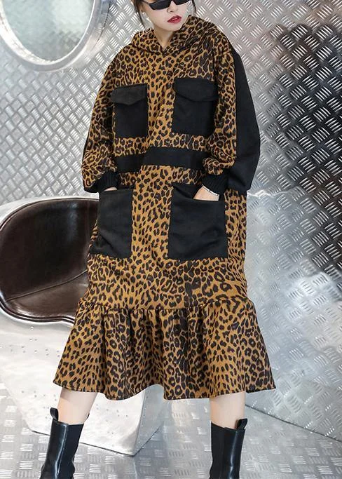 wrap-around dressItalian hooded pockets clothes For Women Neckline Leopard Dresses