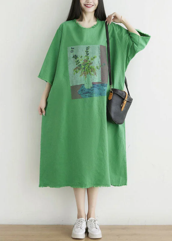 flowy maxi dressSimple Green O-Neck Oversized Print Cotton Dress Half Sleeve