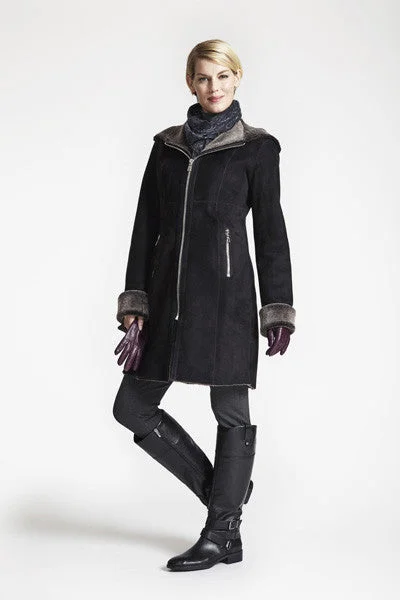 elegant coat#5293HD Fitted Shearling Coat with Zip Front and Hood