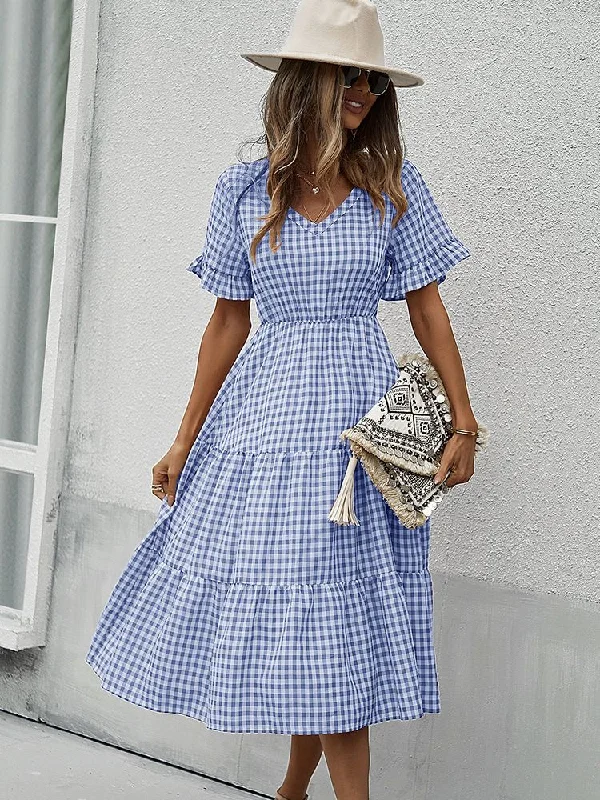 fitted bodycon dressJuliaFashion - 2024 Vintage Plaid Slim Ruffles High Waist Midi Sundress