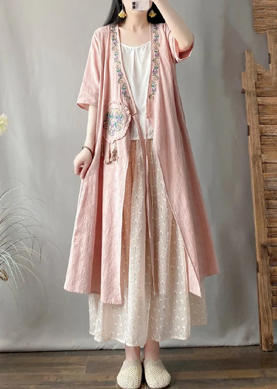 wrap-around dressVintage Pink Embroidered Tassel Long Cardigans Summer