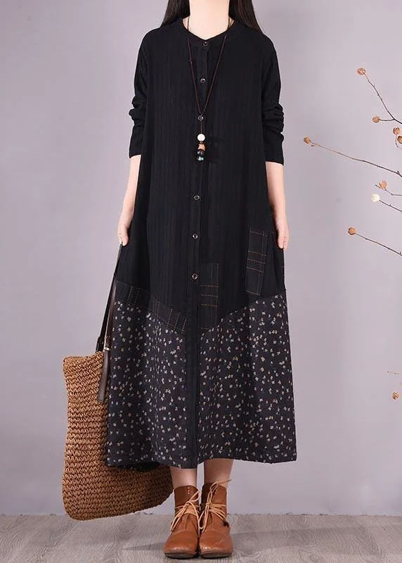 casual knit dressElegant Black Patchwork Print Tunic O Neck Pockets Maxi Spring Dresses