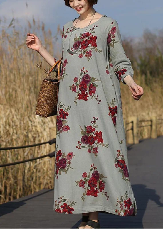 bodycon dressBeautiful O Neck Pockets Spring Tunic Work Outfits Chinese Rose Flower Long Dress