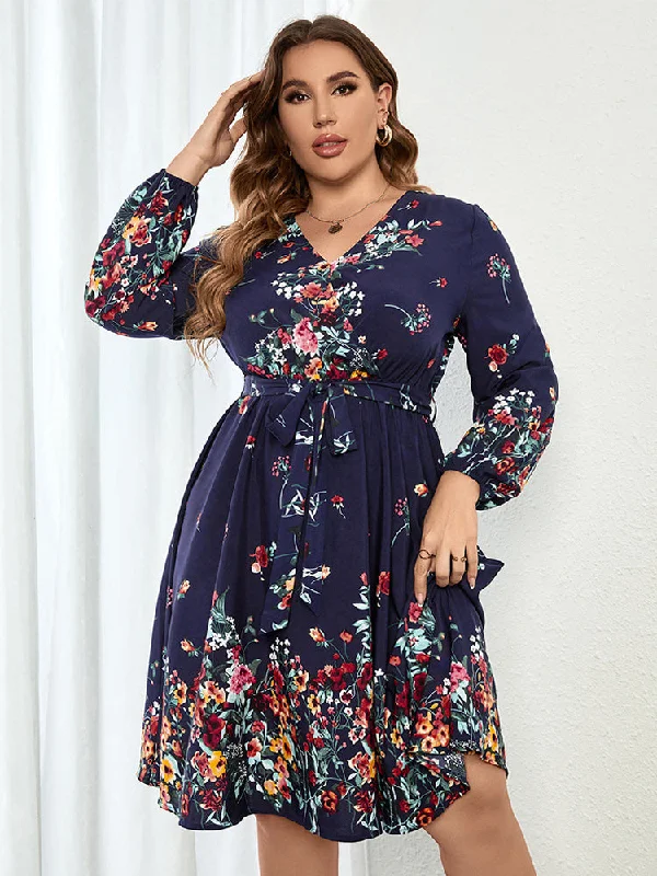 stylish party dressPlus Blue Floral Wrap Lantern Sleeve Midi Dress