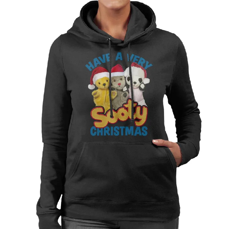 soft pullover hoodieSooty Christmas Have A Very Sooty Christmas Blue Text Women's Hooded Sweatshirt