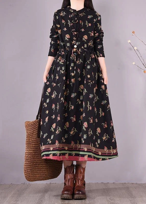 shift dressWomen Drawstring Spring Tunics Black Print Art Dresses