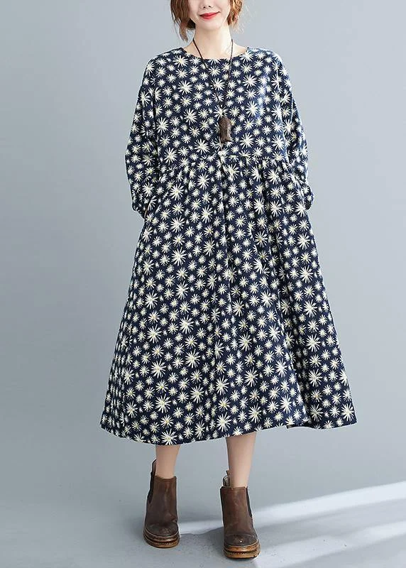 vintage-inspired dressSimple O Neck Cinched Spring Dresses Runway Navy Floral Kaftan Dress