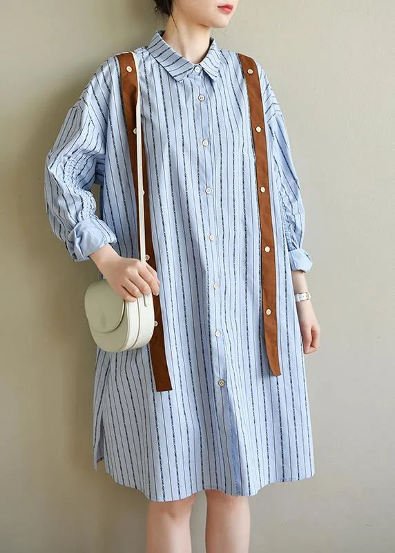 chic shift dressWomen Blue Striped Cotton Button Spring Dresses