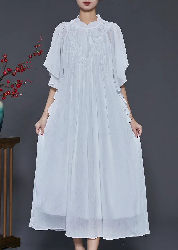 silk dressWomen White Wrinkled Chiffon Long Dresses Butterfly Sleeve