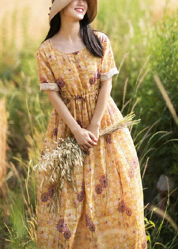 wool dressChic O-Neck Summer Clothes Pattern Yellow Print Dress