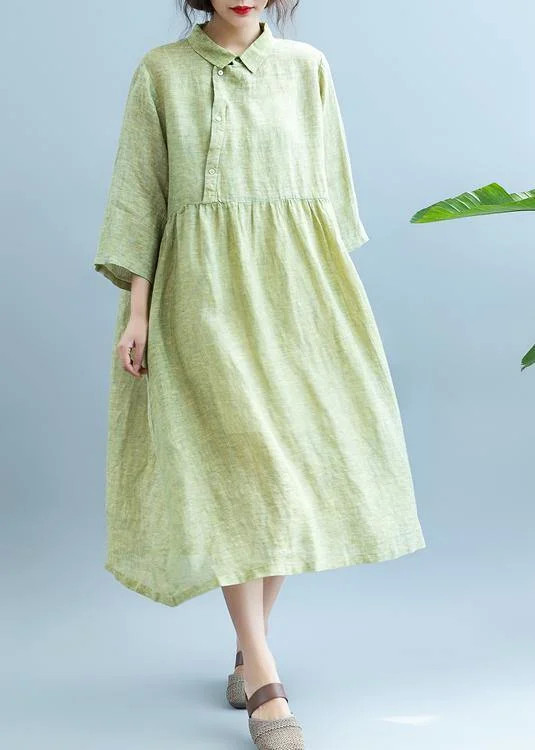 flowy evening dressLoose Light Green cotton Quilting Clothes Lapel  cotton Summer Dress