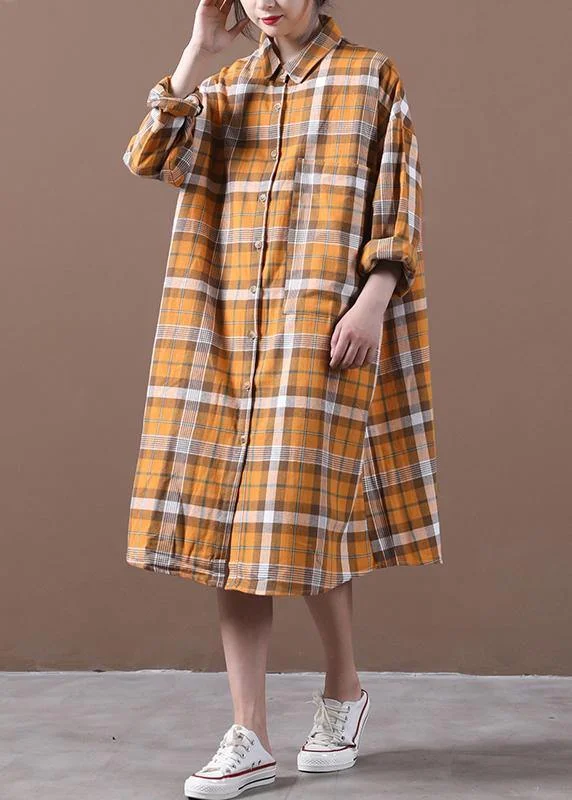 trendy bodycon dressElegant orange plaid Robes lapel Cinched loose spring Dress