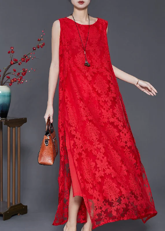 puff sleeve dressWomen Red Oversized Side Open Lace A Line Dresses Sleeveless