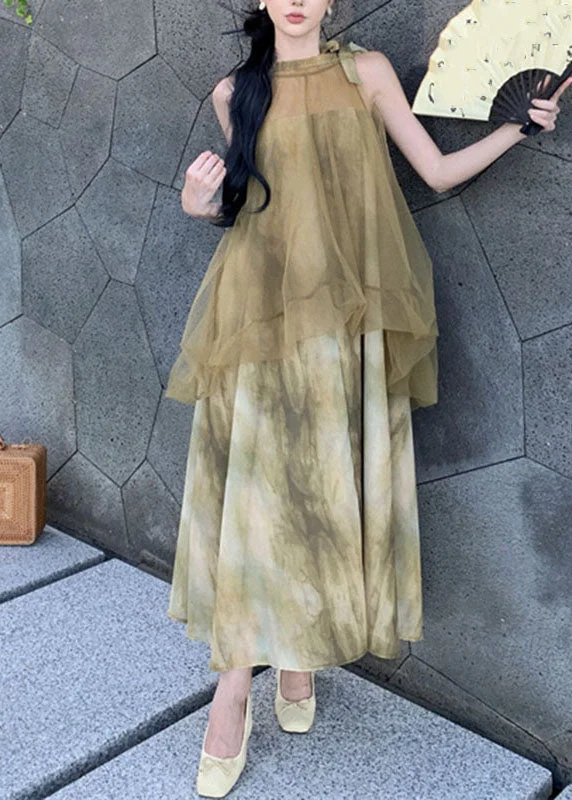 classic fit-and-flare dressJacquard Green Print Tulle Patchwork Fake Two Pieces Long Dresses Summer