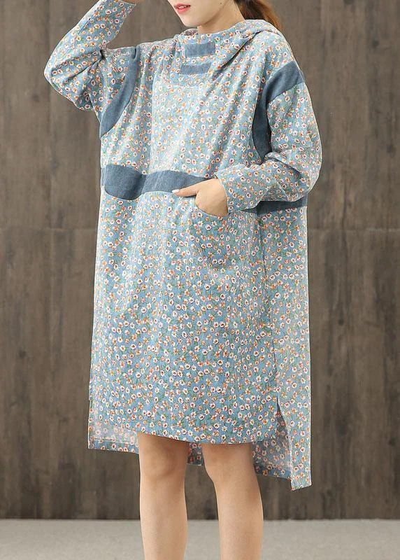 v-neck dressSimple blue print hooded patchwork shift Dresses