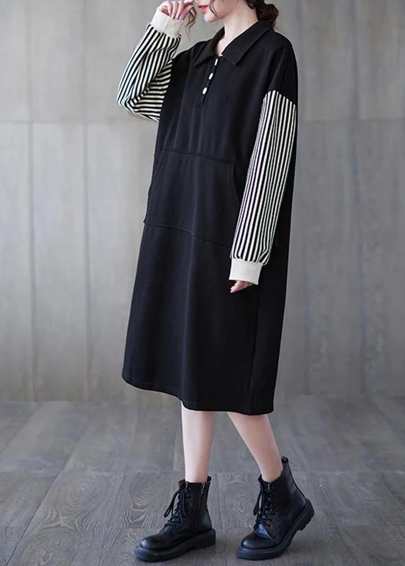 long sleeve dressClassy Black Striped Tunic Lapel Patchwork Midi Dress