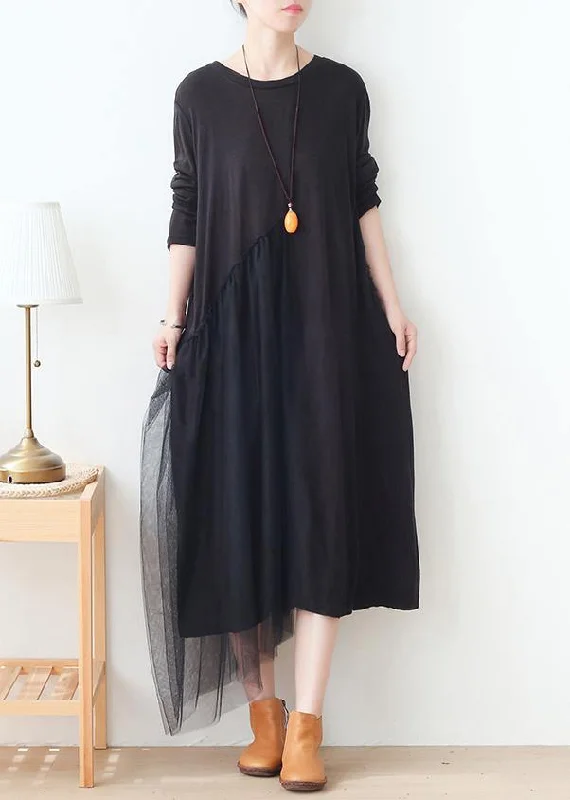 wool dressDIY black patchwork tulle dresses o neck Maxi Dress