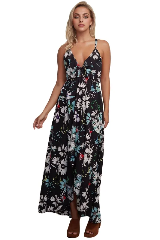 lace-up dressJuliaFashion-Black Floral Chiffon Spaghetti Straps Maxi Dress