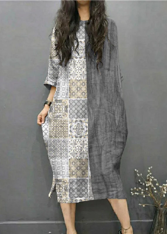 chic slip dressBeautiful Gray geometry O-Neck Wrinkled Side Open Linen Long Dress Batwing Sleeve