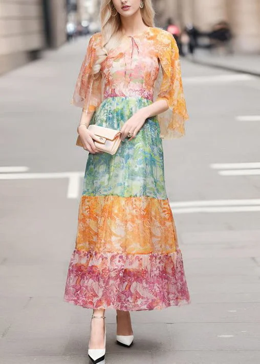 sleek dressElegant Colorblock Lace Up Print Chiffon Long Dresses Half Sleeve