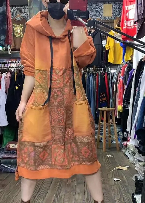 trendy wrap dressWomen Orange Hooded Print Long Dresses Spring Cotton Dress