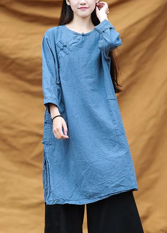 chic slip dressFrench o neck Chinese Button dresses Runway blue Dresses