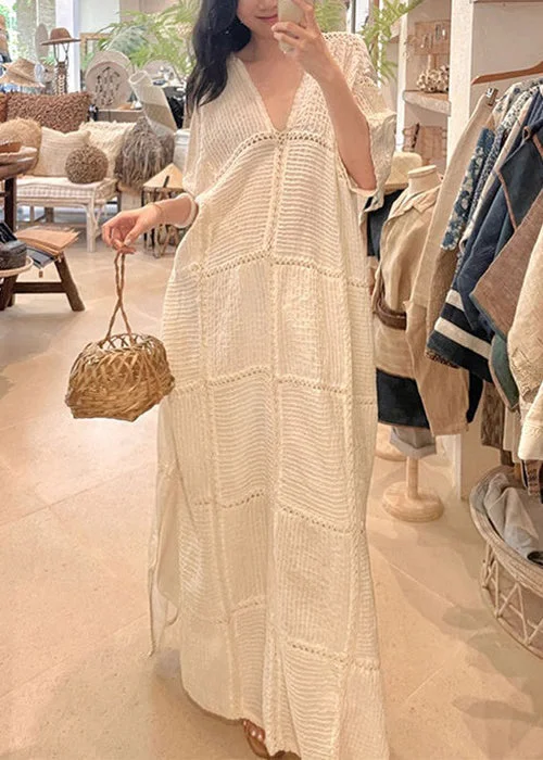 casual evening dressElegant White V Neck Hollow Out Side Open Knit Dresses Half Sleeve