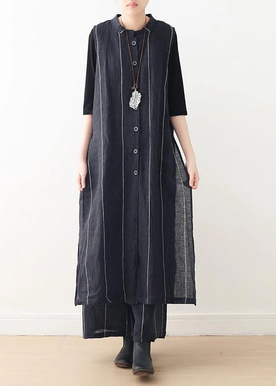 wrap-around dress2024 Original Design Dark Blue Striped Cotton Linen Long Cardigan Wide Leg Pants Two Piece Set