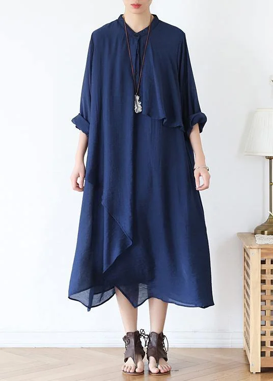 relaxed fit dressClassy o neck asymmetric fall for women long Sleeve blue long Dresses