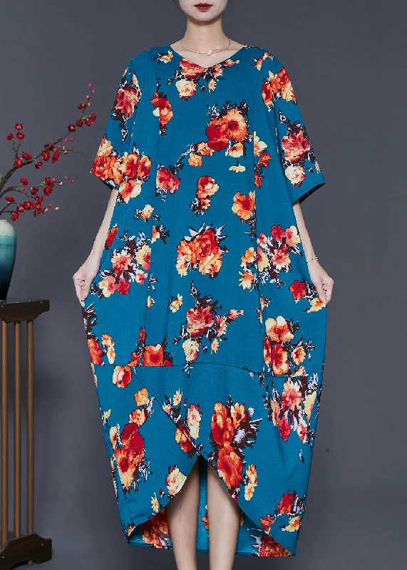 floral dressArt Blue Oversized Flower Front Open Cotton Long Dress Summer