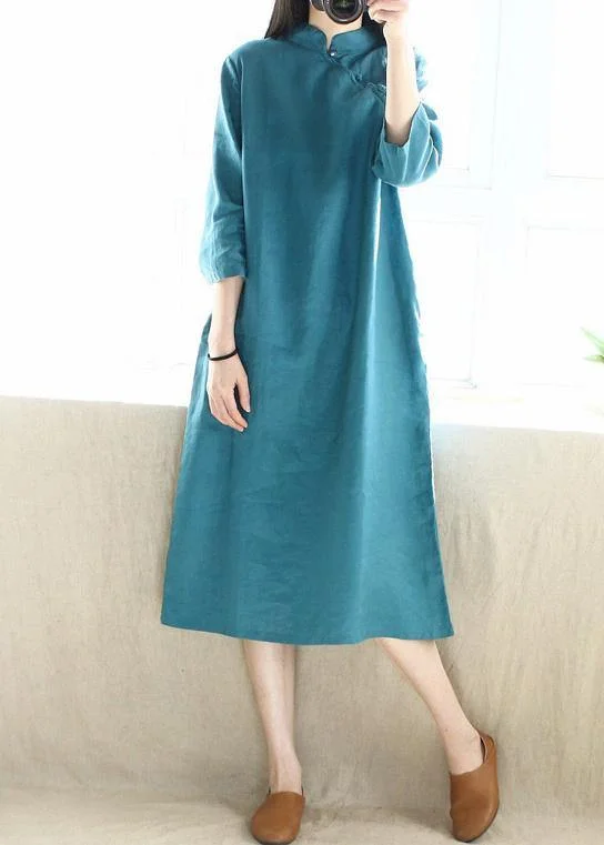 elegant maxi dressSimple Blue Green Tunics Stand Collar Half Sleeve Maxi Dress