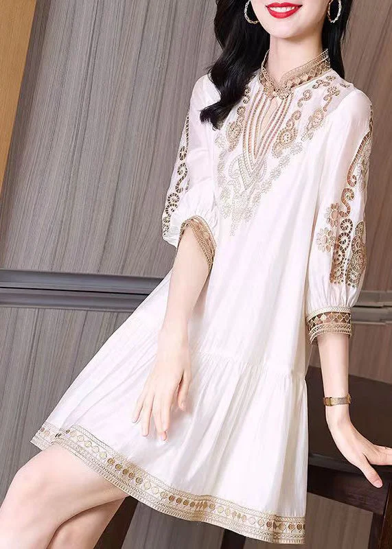 casual dressElegant White Stand Collar Lace Patchwork Silk Maxi Dress Spring