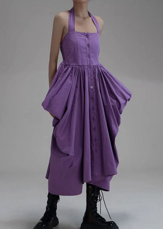 cocktail dressNew Purple Asymmetrical Wrinkled Button Cotton Long Dress Sleeveless