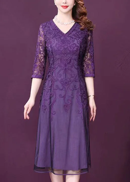 casual day dressElegant Purple V Neck Lace Patchwork Tulle Dresses Half Sleeve