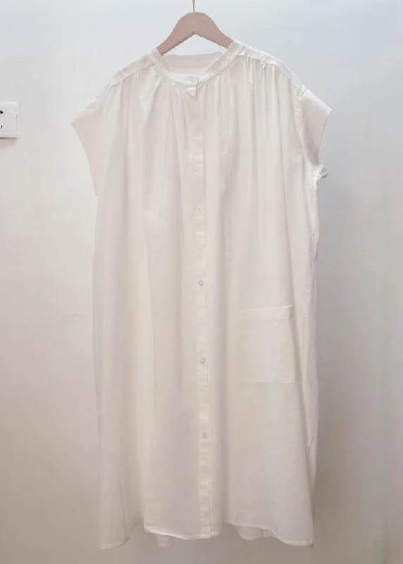 elegant maxi dressLoose White Solid Button Pockets Cotton Shirt Dresses Summer