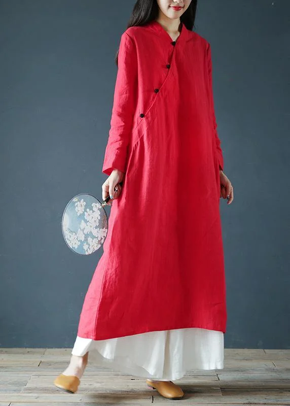 flowy evening dressWomen v neck long sleeve Tunics Outfits red Maxi Dress