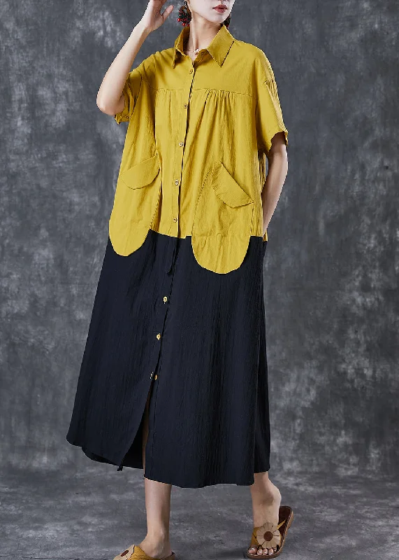 casual evening dressYellow Black Patchwork Cotton Holiday Dresses Oversized Pockets Summer