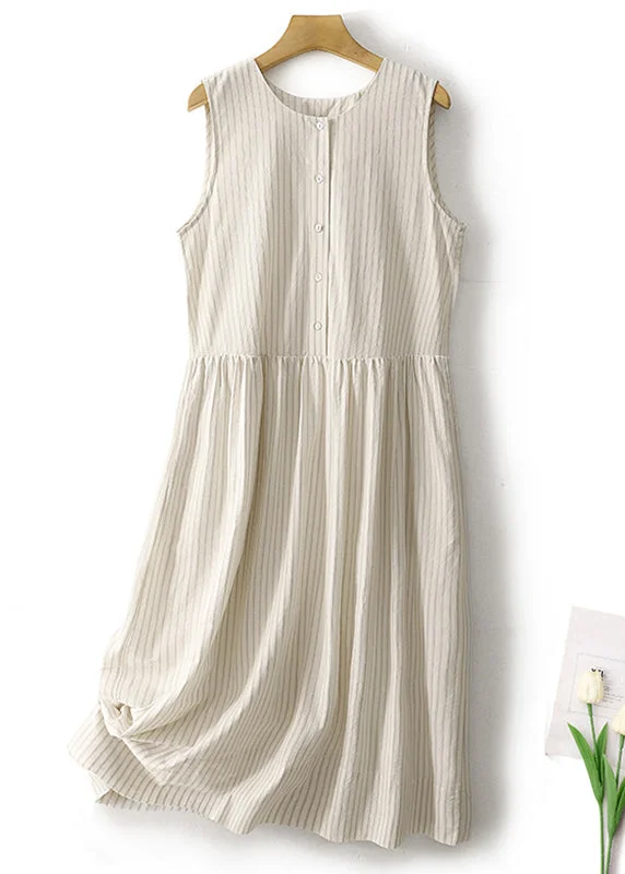 comfy dressNew Striped O Neck Button Cotton Long Dresses Sleeveless