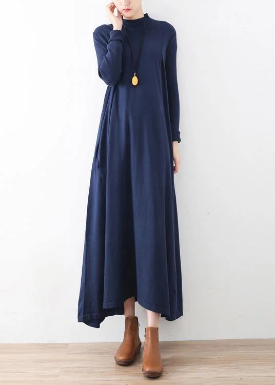 wrap dressClassy dark blue tunic dresshigh neck Batwing Sleeve robes fall Dresses