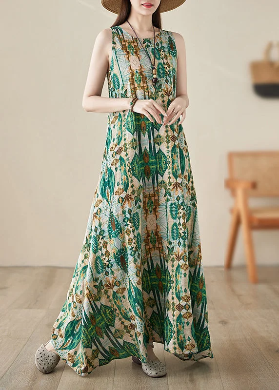 boho-chic dressHandmade Green O-Neck Print Maxi Dresses Summer