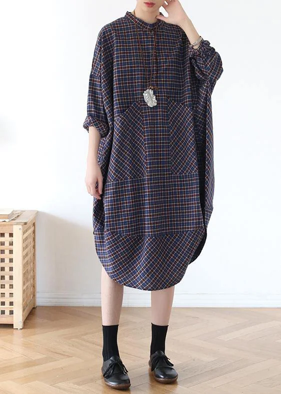 layered dressPlus Size Blue Plaid Cotton long shirt Button Spring Long Dresses