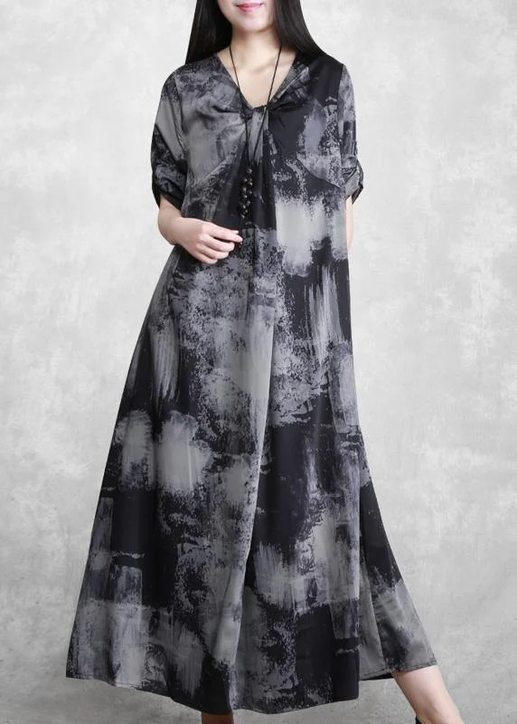 relaxed fit dressBeautiful V Neck Asymmetric Quilting Clothes Design Gray Print Maxi Dress