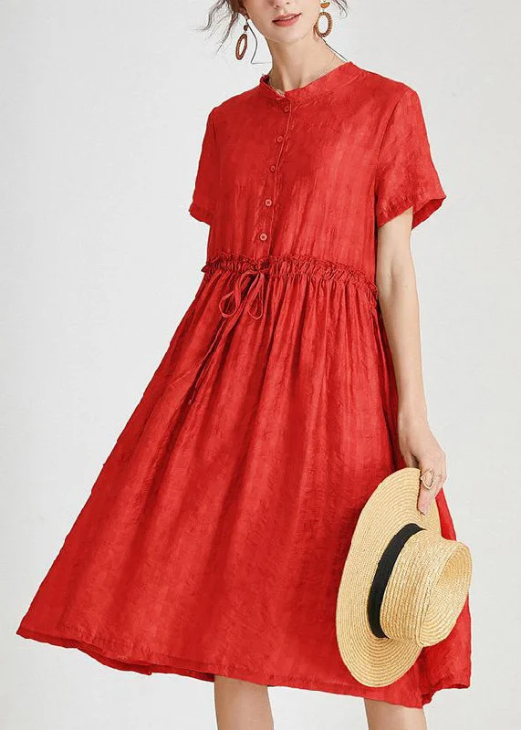 casual summer dressLoose Red Ruffled Tie Waist Silk Dress Short Sleeve