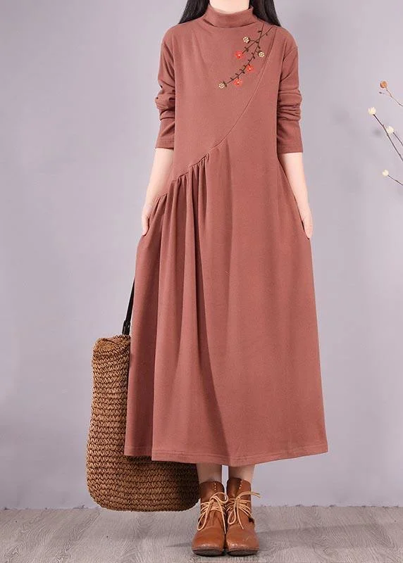 evening dressNatural High Neck Cinched Spring Tunic Fabrics Brown Embroidery A Line Dress