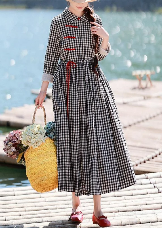 floral wrap dressDIY Lapel Drawstring Spring Clothes Women Photography Black Plaid Dresses