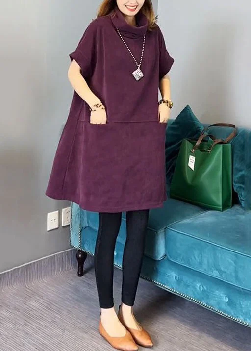 bohemian dressNew Purple Turtleneck Pockets Cotton Mid Dress Short Sleeve