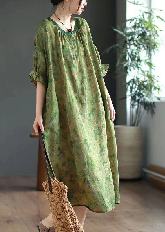 vintage-inspired dressPlus Size Green O Neck Print Linen Long Dresses Half Sleeve