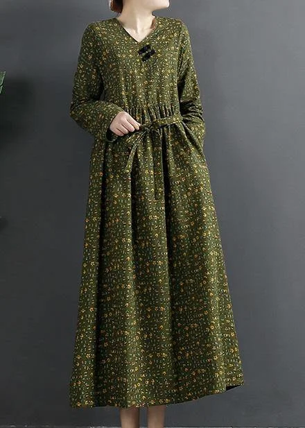 casual slip dressDIY Green Print Quilting Clothes V Neck Maxi Dresses