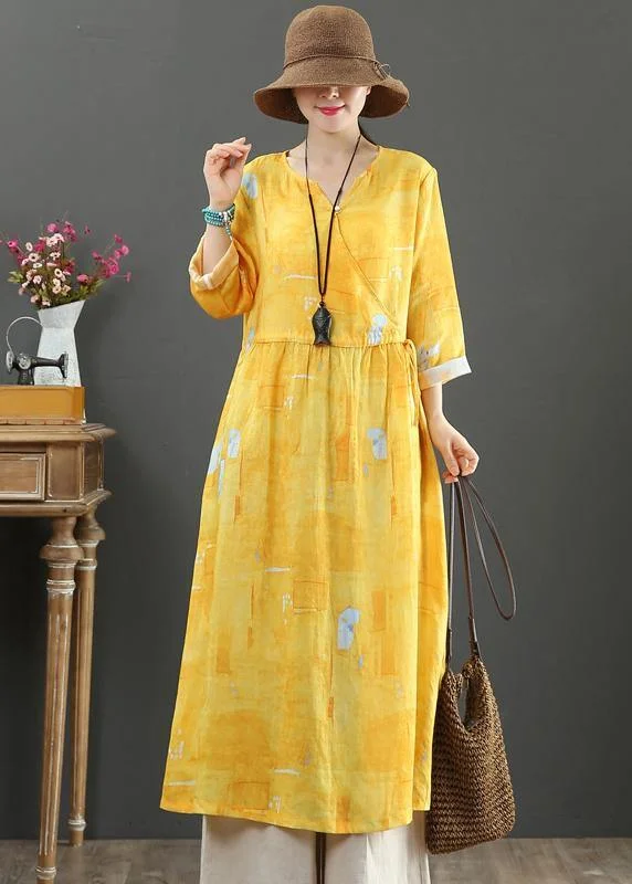 form-fitting dress100% Yellow Print Dresses V Neck Tie Waist Robes Spring Dress