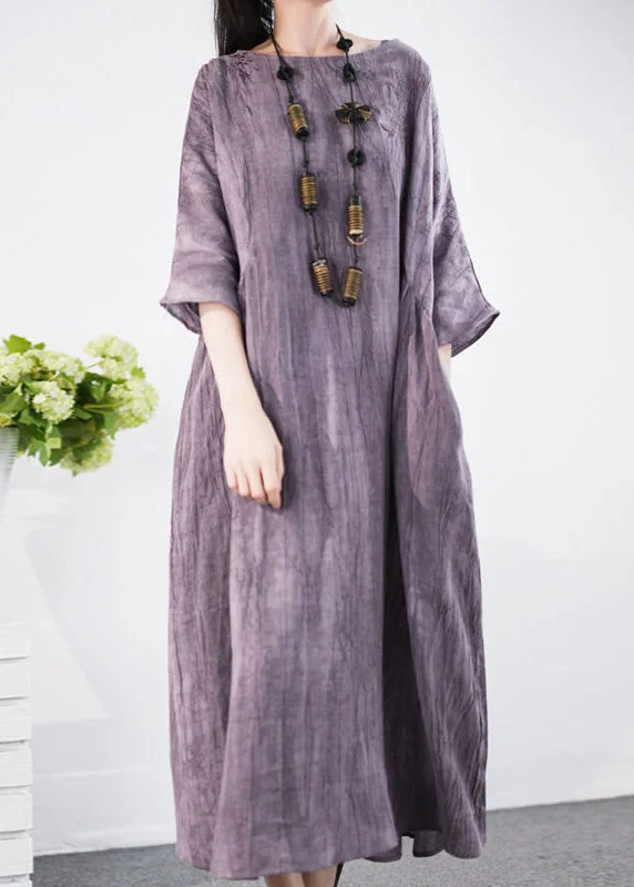 long sleeve dressElegant Purple O Neck Pockets Cotton Long Dress Half Sleeve